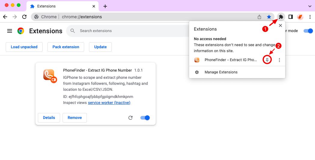IG Phone Number Finder chrome extension install pin